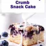 lemon blueberry crumb cake slice with glaze.