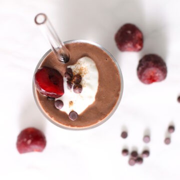 pouring black forest and chocolate cherry smoothie.