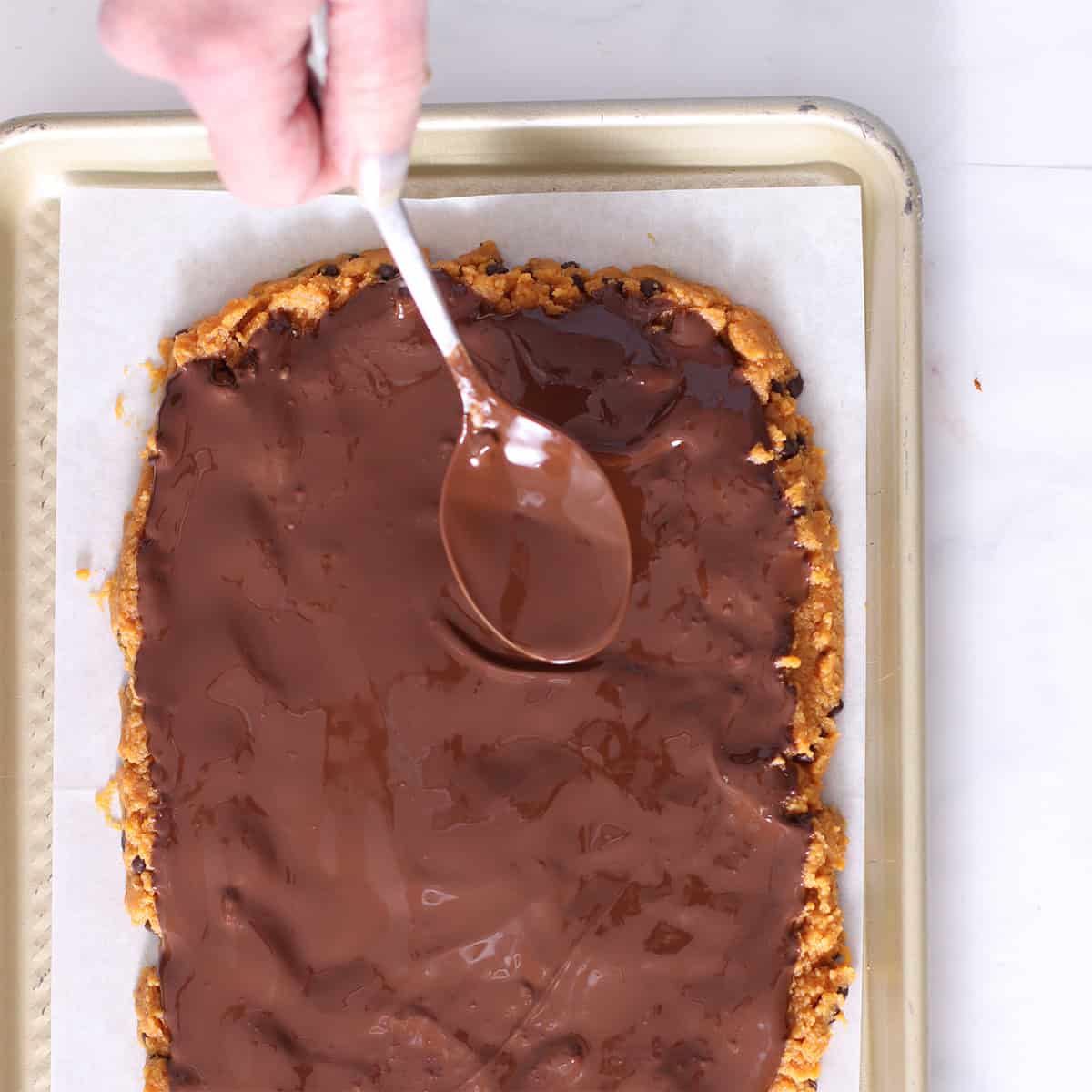 chocolate spread on no bake pumpkin bark.