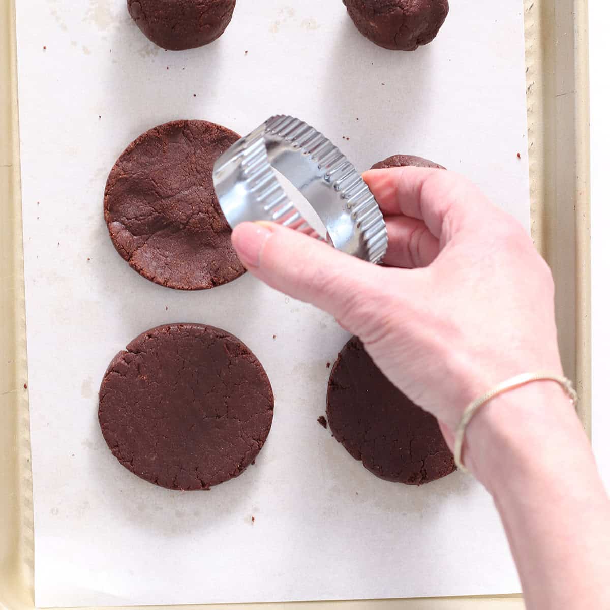 peanut butter buckeye cookies cut into circles.