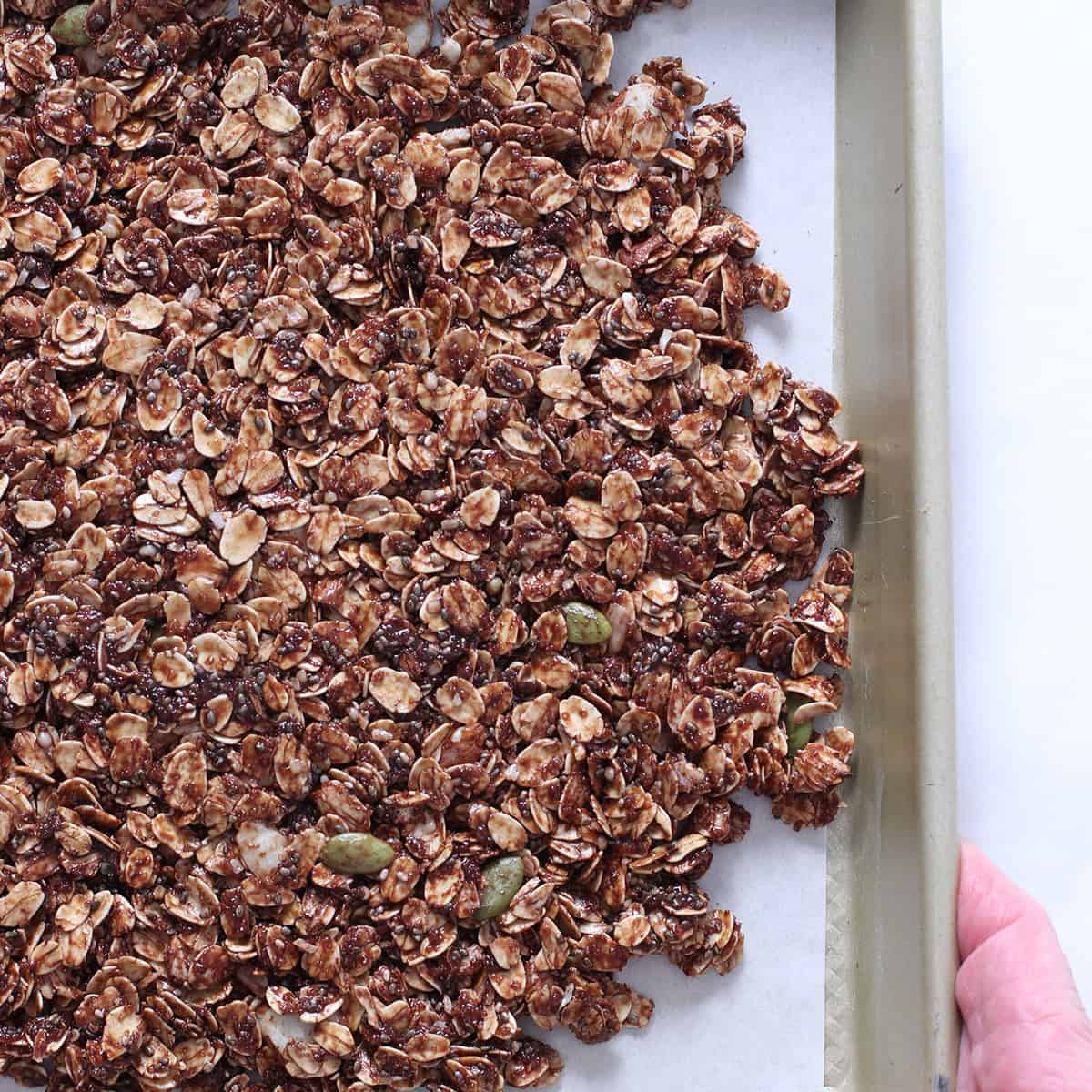 chocolate cookie granola baked and cooled.