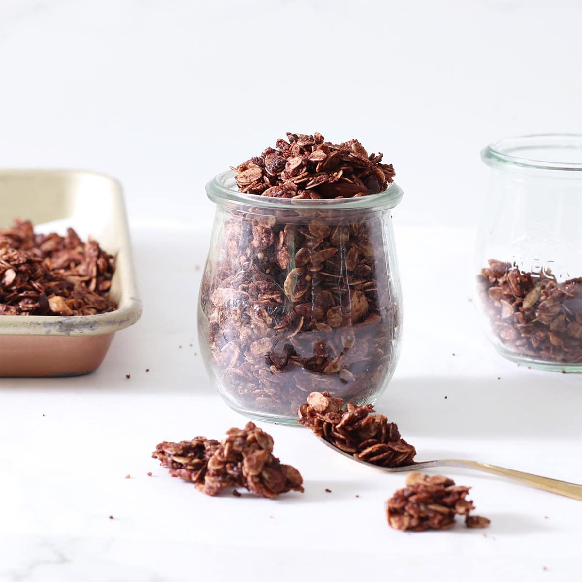 chocolate cookie granola in a jar.