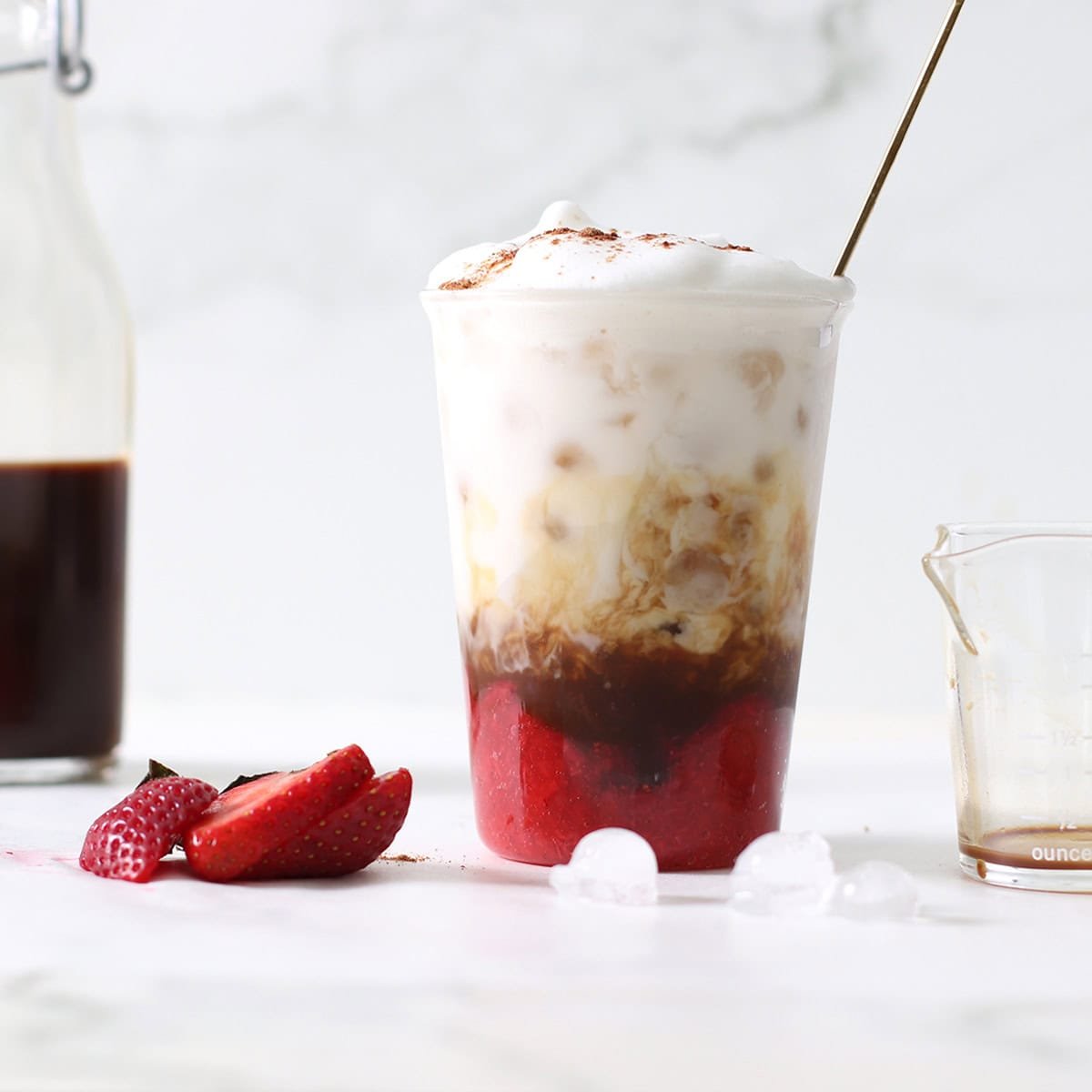iced strawberry latte made with cold foam.