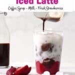pour coffee syrup into strawberry latte.