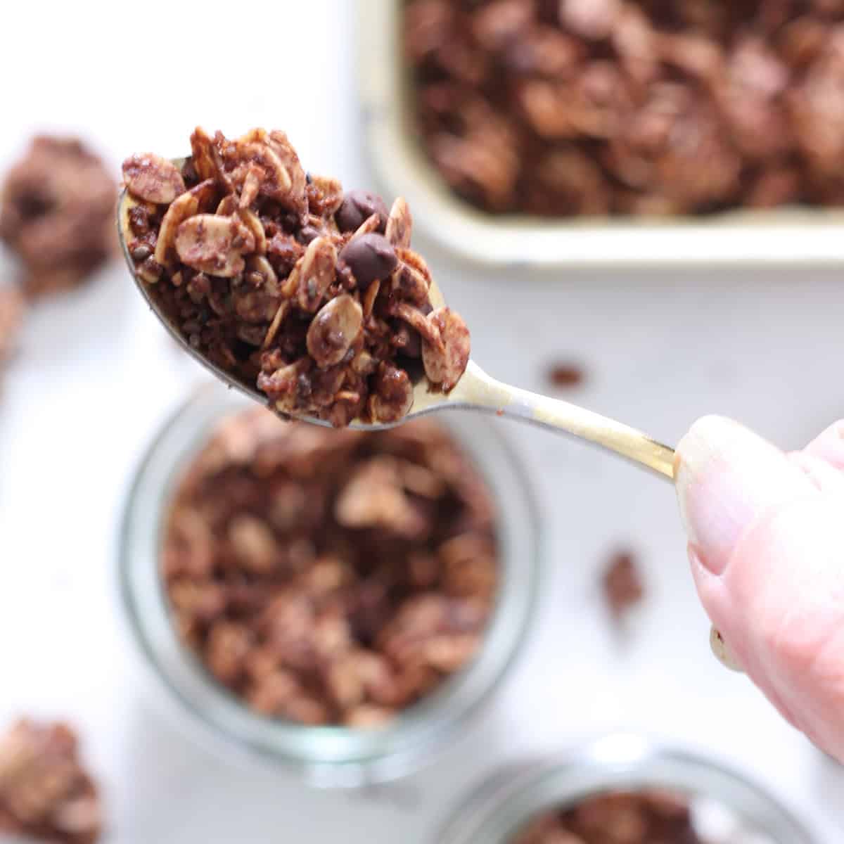 chocolate cookie granola in a jar.