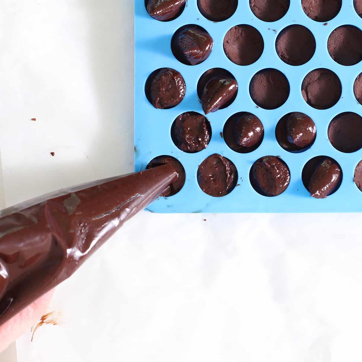 brownie bites with piped chocolate.