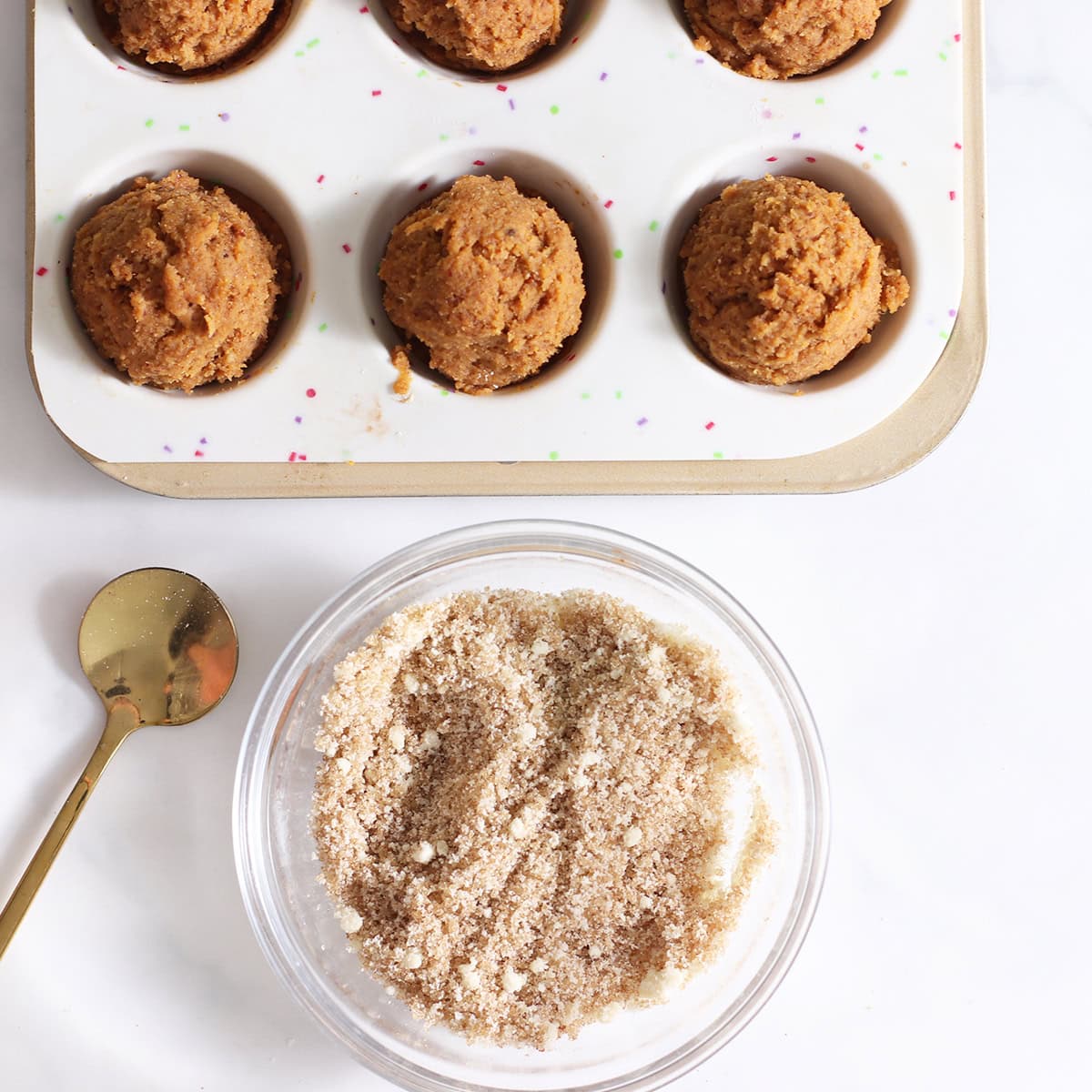 No Bake Pumpkin Coffee Cakes, mini, topped with cinnamon sugar, scooped.